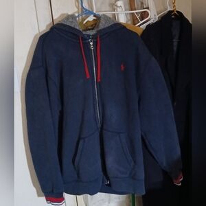 Polo Ralph Lauren Shearling Lined Heavy Navy Blue Zip Up Hoodie with Red Accents